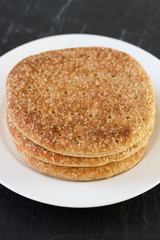 bread on plate on black background