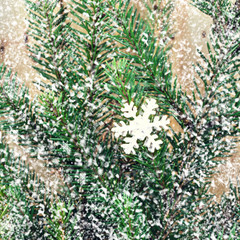 Christmas background with festive ornaments and falling snowflak