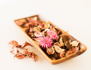 closeup of pot-pourri in wooden bowl