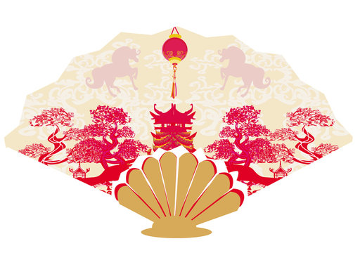 Decorative opened fan with patterns of Year of Horse graphic des