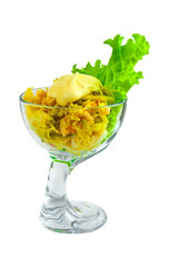 appetizer salad Chips and pickles cheese in a glass beaker