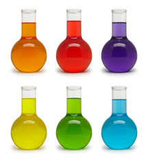 Set of flasks with colored liquid.