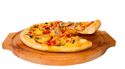 Appetizing pizza with cheese on cut piece of a wooden tray close