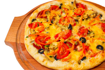 Appetizing pizza with cheese on wooden tray closeup