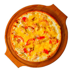 Appetizing pizza with cheese on wooden tray isolated