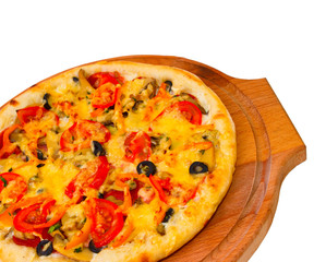 Appetizing pizza with cheese on wooden tray, close-up