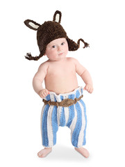 Little viking in homemade knitted costume.