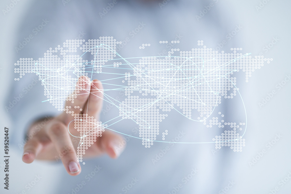 Poster map businessman holding in hand with global connection concept.