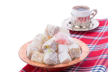 Turkish delight and Turkish coffee at the background
