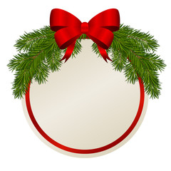 бумажная новогодняя открытка с елочными ветками и бантом сверху