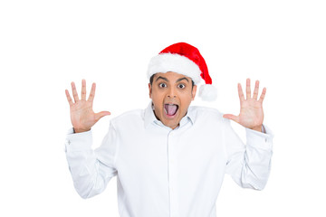 Fototapeta na wymiar Happy, excited, shocked Christmas man
