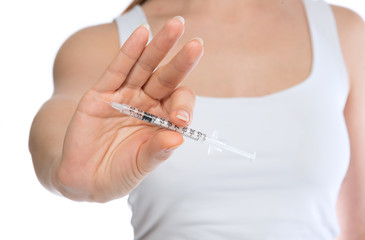 Obraz na płótnie Canvas Insulin Diabetes patient show single use syringe