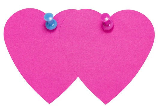 Double Heart Sticky Label, with pink an blue pin, isolated