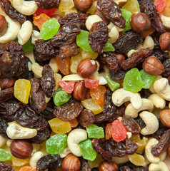 dried fruits and nuts in soft focus