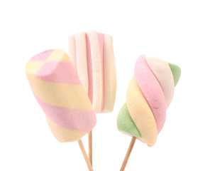 Three different marshmallow on sticks. - obrazy, fototapety, plakaty