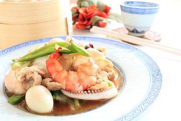 Chinese food, seafood and vegetable stir fried