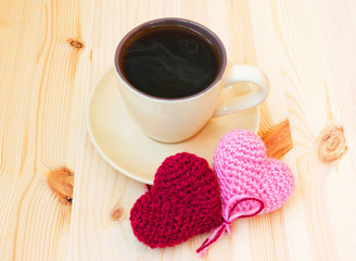 morning coffee and knitted hearts