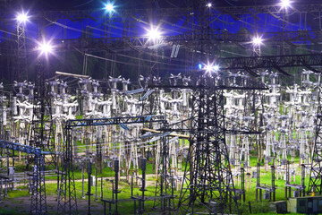 Electric substation in night-time lighting