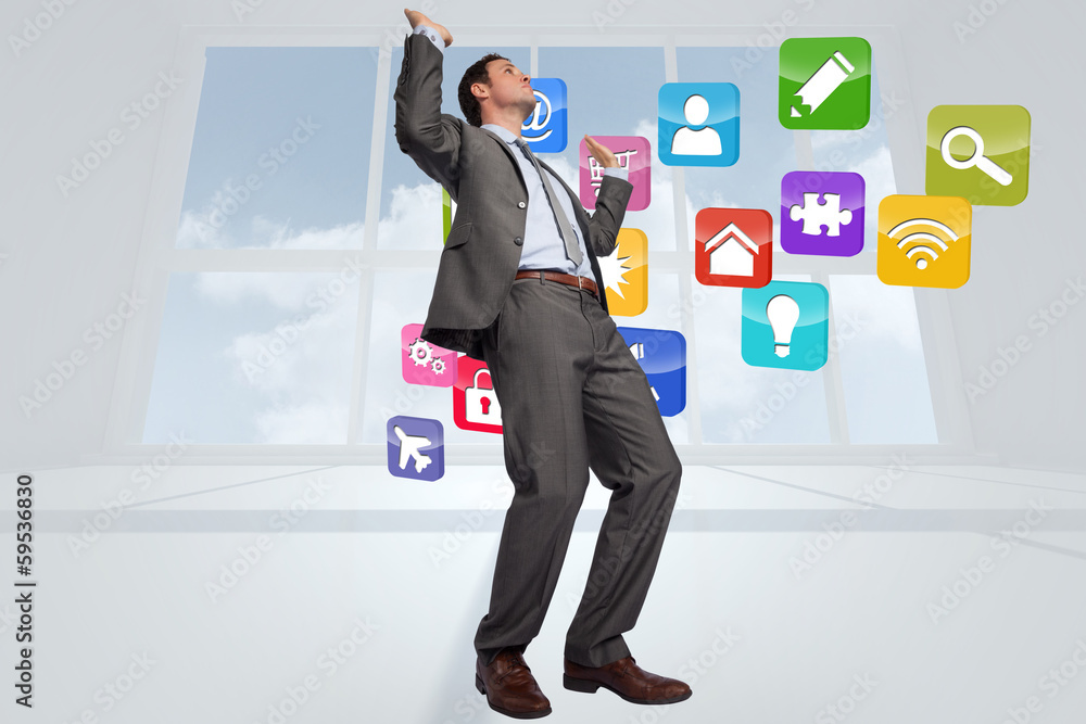Poster composite image of businessman posing with hands up