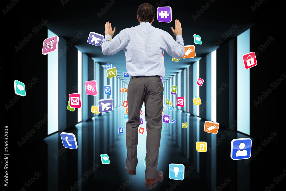 Poster composite image of businessman posing with hands up