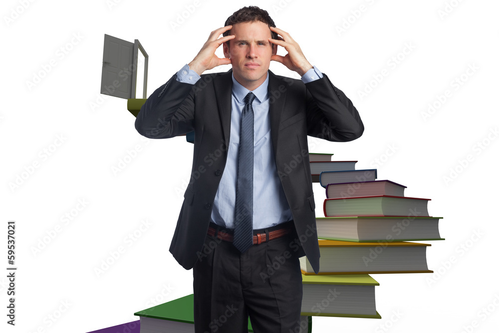 Poster composite image of stressed businessman with hands on head