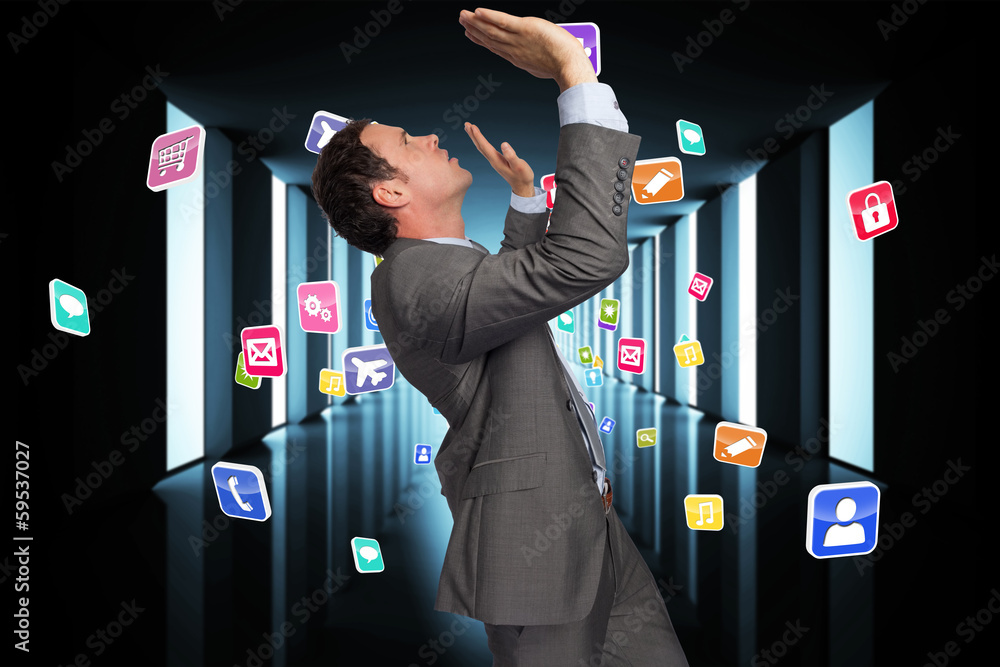 Poster composite image of businessman standing with arms pressing up