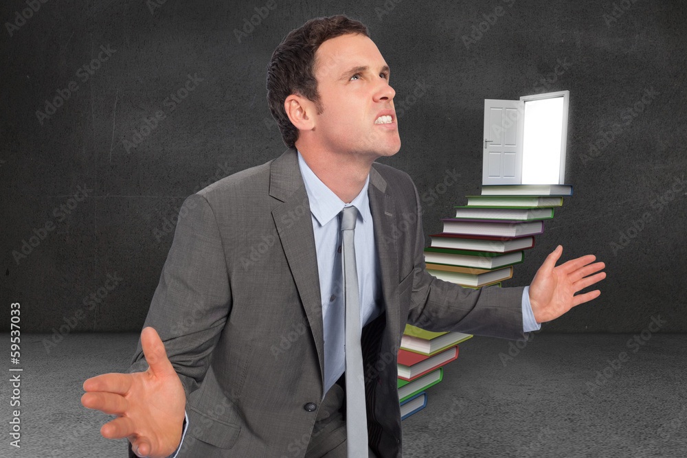 Poster composite image of businessman posing with hands out