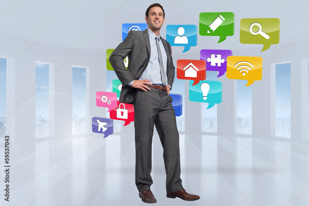 Poster composite image of smiling businessman with hands on hips