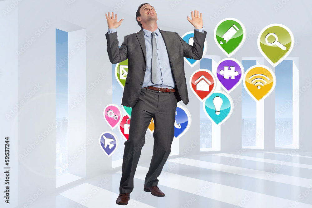 Poster composite image of businessman posing with arms raised