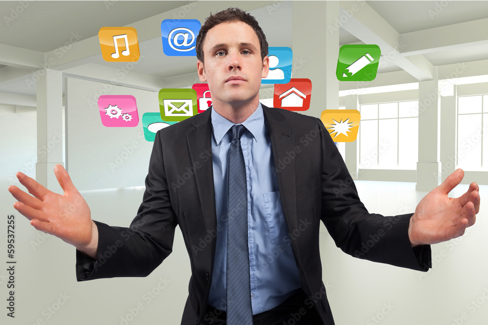 Poster composite image of businessman posing with arms out