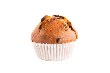 One chocolate chip muffin isolated on white