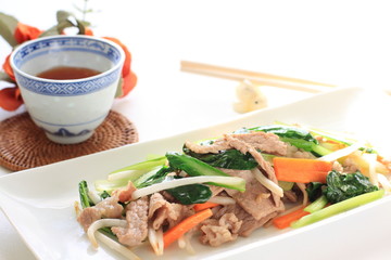 Chinese cuisine, vegetable stir fried and tea