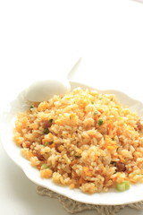 chinese food, roasted pork fried rice and tea