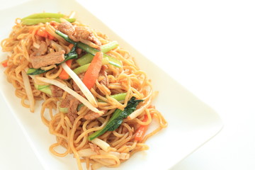 Asian food, vegetable and pork fried noodles