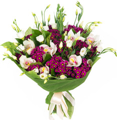 Bouquet of fresh orchid flowers in wrap isolated on white background