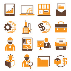 financial icons, business management icons, orange theme