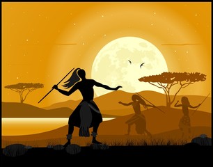 Africa landscape background. African hunters and moon rise