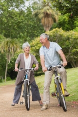 Obraz premium Cheerful senior couple on cycle ride in countryside