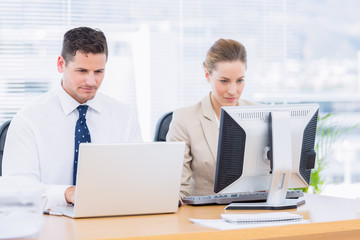 Fototapeta premium Smartly dressed colleagues using computer and laptop