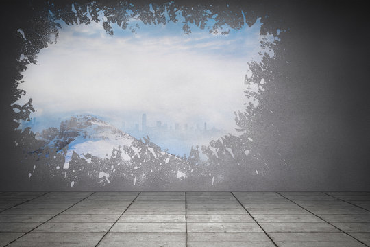 Splash on wall revealing snowy peak