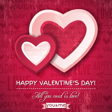 red background with  two valentine hearts and wishes text,  vect