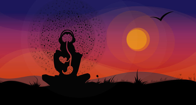 Silhouette of Girl Sitting on the Hill Listening to the Music