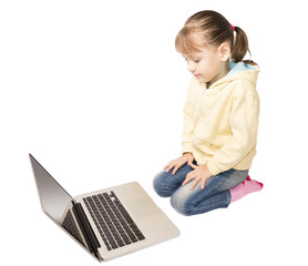 girl sitting in front of laptop isolated on white