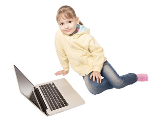 girl sitting in front of laptop isolated on white