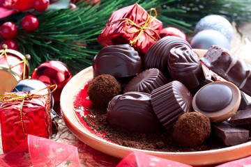 chocolate candies decorated Christmas trinkets
