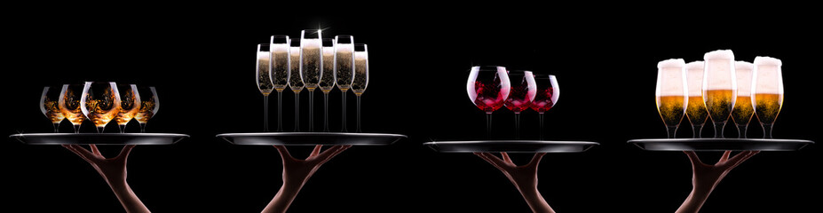 set with different drinks on black background