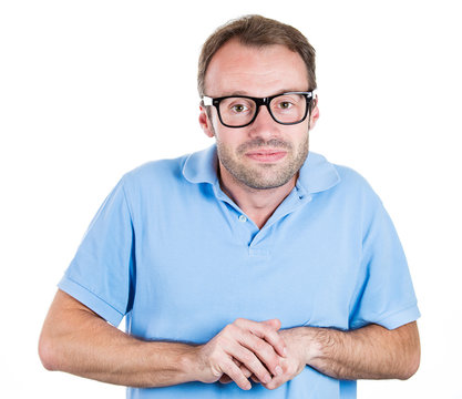 Shy, weak, nerdy young man in black glasses, socially awkward 
