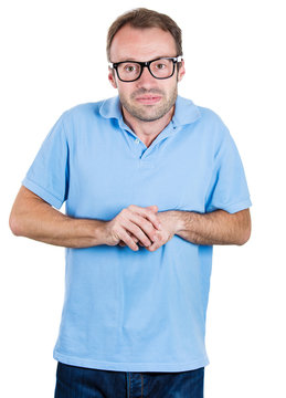 Shy, weak, nerdy young man in black glasses, socially awkward 