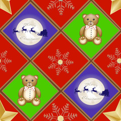 Christmas patern with teddy bear and santa sleigh