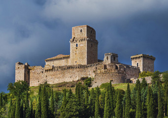 castle overlooking the Umbrian town of Assisi, Italy